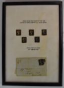 Five QV 1840 1d black stamps and an 1841 1d black on cover to Westminster mounted in a picture