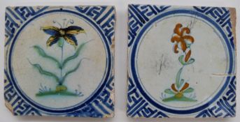Pair of 17th/18thC Dutch Delft polychrome decorated botanical tiles with Wanli corners, W13cm