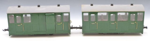 Pair of Swift Sixteen 32mm gauge 16mm scale kit built four wheel passenger coaches