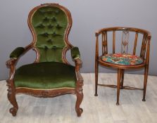 Victorian upholstered mahogany spoon-back chair carved detail and gnarled front legs, together