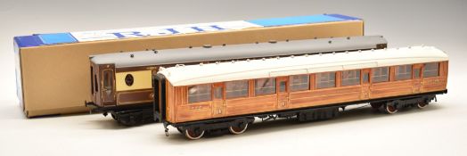 Two 0 gauge kit built coaches comprising LNER teak and Pullman, together with an unbuilt RJH LNER