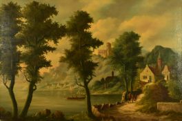 H West oil on canvas river landscape 'On the Rhine' with boats on the water, cottages on the bank