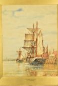 Frederick James Aldridge (1850-1933) watercolour maritime study boats beside a dock 'Shoreham