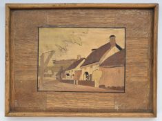 Attributed to the Rowley Gallery, Arts and Crafts marquetry inlaid tray decorated with a street