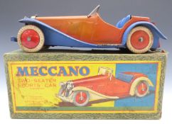 Meccano clockwork tinplate Two-Seater Sports Car with red body and hubs and blue wheel arches,
