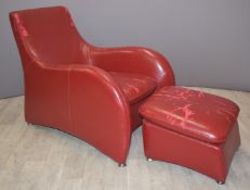 Red faux leather Art Deco style chair and matching footstool