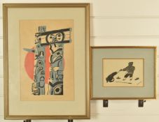 Nanogak Native Canadian Inuit block print, together with D. Shostak signed print of totems