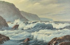 Peter Cosslett (1927-2012) oil on canvas seascape with waves crashing over rocks, signed lower left,