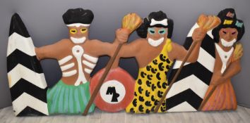 Vintage fairground fibreglass tribesmen ride panel, 240 x 115cm