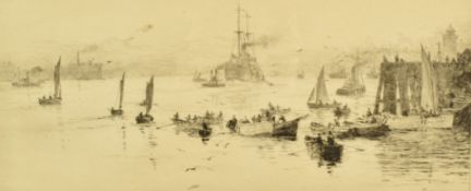 William Lionel Wyllie signed etching, ship being towed down a river with smaller boats by a pier, 18