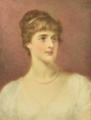Attributed to Edward Tayler (1828-1906) watercolour portrait of a lady wearing a pearl necklace,