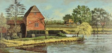 Edward G Moore oil on board river landscape 'Cobham Mill', signed lower left, 36 x 74cm, in