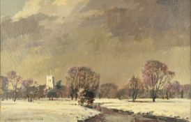 Cavendish Morton (1911-2005) oil on board Eye Church from the River Dove, snowy Suffolk landscape,