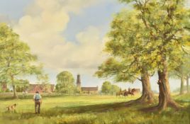 Susan Mary Webb (Irish, b1962) oil on canvas horse riders and figures with church beyond, signed and