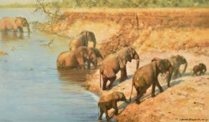 David Shepherd (1931-2017) signed limited edition 374/1500 print 'The Crossing', elephants on the