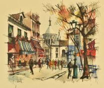 F Claude watercolour French street scene, signed lower left, 44 x 52cm, in painted wood frame