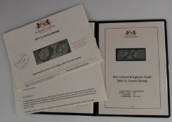 GB QV 1891 £1 green used, in Harrington & Byrne presentation folder with certificate of