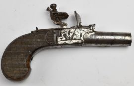 French flintlock pocket pistol with engraved lock, folding trigger, chequered grip, thumb slide