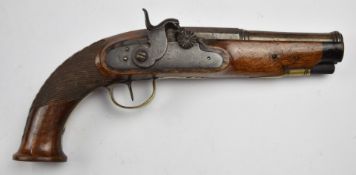 Unnamed percussion converted from flintlock hammer action coat pistol with shaped hammer, brass