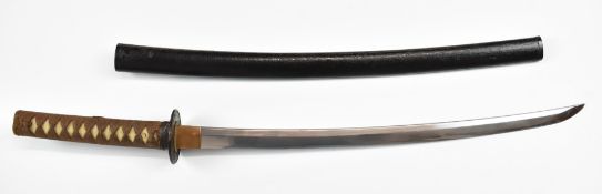 Japanese Wakizashi Samurai sword with hammered and embossed scenes to both sides of the tsuba and