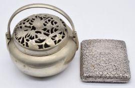 Indian or Burmese silver cigarette case, weight 95g, and a Chinese pot pourri / censer, probably Pak