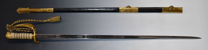 Royal Navy 1827 pattern Officer's dress sword with shagreen grip, 79cm Wilkinson decorated blade,