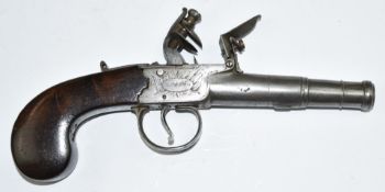 English London made flintlock coat or pocket pistol with engraved lock and trigger guard, thumb