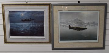 Two Gerald Coulson signed prints 'Guardian Spirit' Spitfire and biplane in flight limited edition