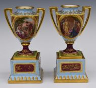 Pair of Vienna style porcelain twin-handled urns decorated with classical scenes, H19.5cm