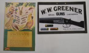 Two modern shop display or advertising boards 'W W Greener Rifles Guns and Cartridges' 28x40cm and