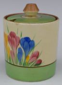 Clarice Cliff for Newport Pottery covered preserve jar decorated in the Crocus pattern, H10cm