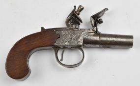 Dunderdale Mabson & Labron flintlock pocket pistol with named and engraved lock, thumb slide
