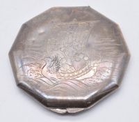 Chinese silver compact marked sterling silver to underside, width 8cm, weight , in original box,
