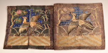 A pair of Chinese 19thC embroidered panels featuring birds, each approximately 21 x 22cm