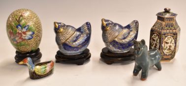 Five pieces of Chinese cloisonné including hexagonal lidded vase, chicken boxes etc together with