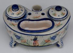 Quimper faience standish or inkwell raised on scrolling feet, W19 x D12 x H11cm