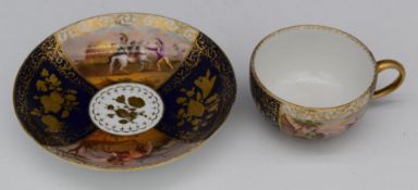 Meissen cabinet cup and saucer decorated with mounted riders, H5.5cm