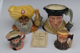 Four Royal Doulton character jugs including Snake Charmer with certificate, tallest 16cm