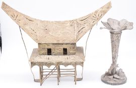 Indonesian silver gilt filigree model of a traditional Tongkonan house, length 23cm, weight 243g,