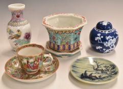 Five pieces of Chinese ceramics to include a hexagonal jardinière and stand, prunus ginger jar,