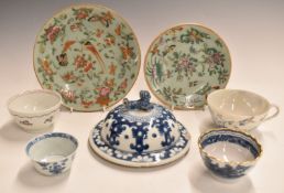 Seven pieces of Chinese and similar ceramics including two 19thC plates with enamelled decoration,