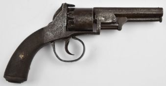 Webley style 120 bore six-shot open framed percussion revolver with engraved frame, chequered