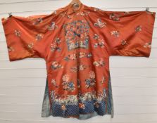 Chinese 19thC silk kimono embroidered with birds, clouds and flowers and with hardstone bead