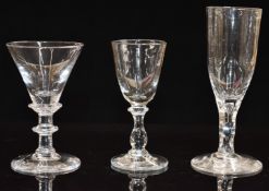 Three 19thC wine/cordial glasses including double knopped stem example, tallest 15.2cm