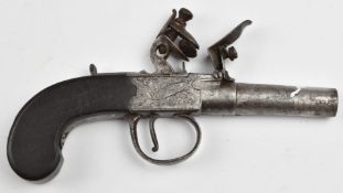 Dixon of Leicester flintlock pocket pistol with named and engraved locks, thumb slide safety and 2
