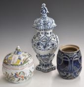 French (Rouen) covered dish with chinoiserie decoration, Dutch Delft covered vase and a German