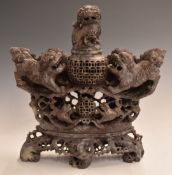 Chinese carved soapstone covered censer with Dog of Fo decoration, W30 x H30cm