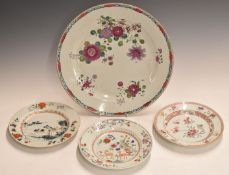 Four Chinese 19thC famille rose chargers and export plates, largest 38cm in diameter