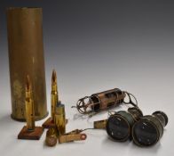 WW2 artillery shell dated 1943, trench art lighter, binoculars, inspection light by J Lucas Ltd,