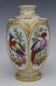 A 19thC vase with hand painted decoration of tropical birds and gilt work, Chelsea mark to base (